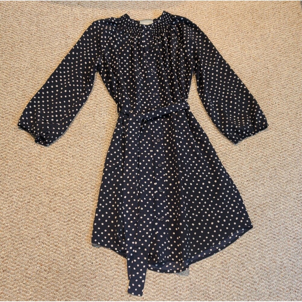 Anthropologie Maeve Shirt Dress Womens Small Navy Polka Dot Tie Waist 3/4 Sleeve